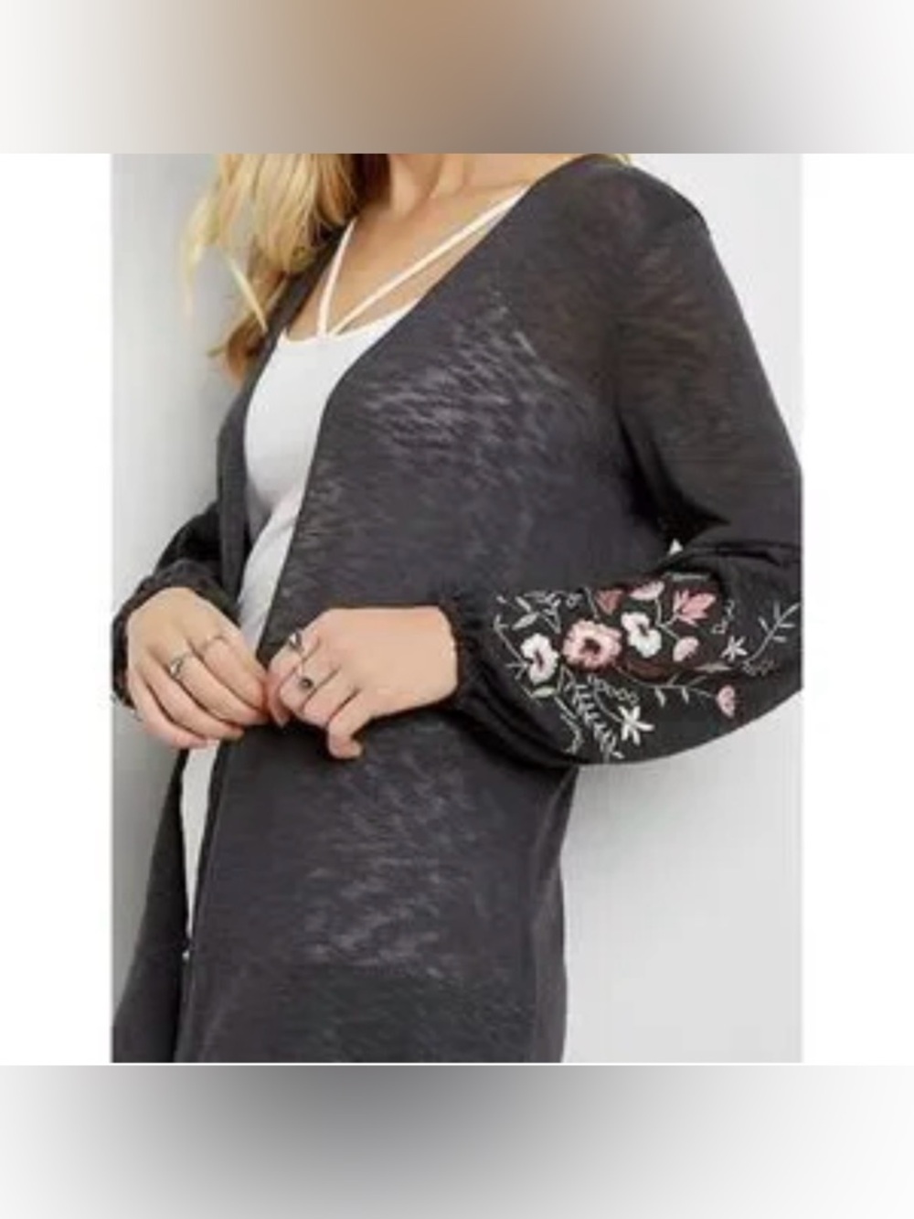Maurices Charcoal Open Cardigan with Pink Floral Embroidery XXL